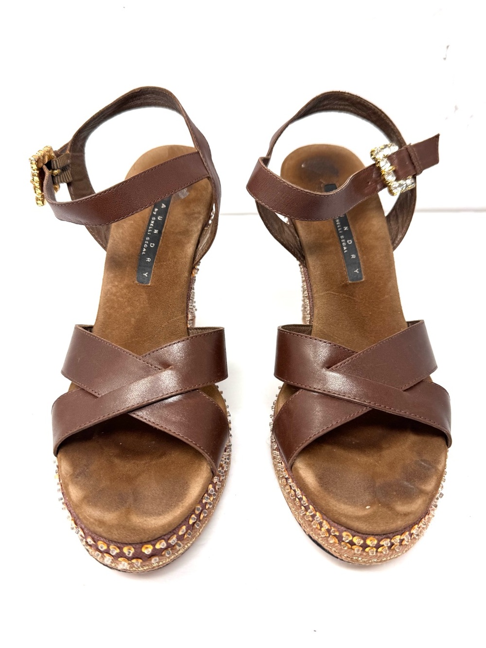 LAUNDRY by SHELLI SEGAL chocolate brown leather wedge sandals, size 8.5